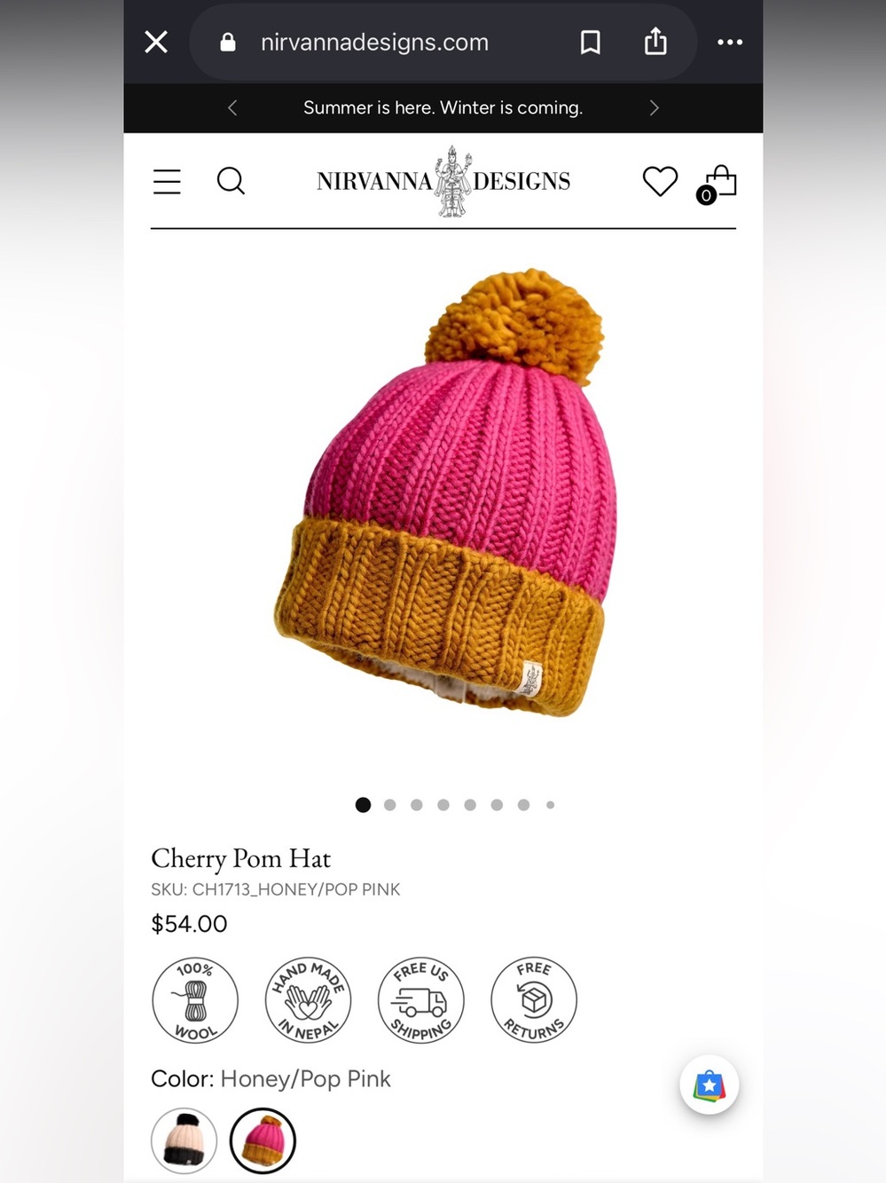 Cherry Pom Hat - Pop Pink & Honey - PRICE IS FOR 1 ONLY